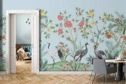 Wallpaper of stylized nature tropical animals and flowers