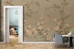 Tropical nature wallpaper with vintage flowers and animals