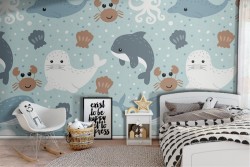 Children's Wallpaper with Seals and Whales Animals
