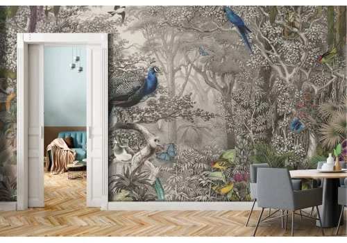 Tropical forest and peacock vintage nature wallpaper