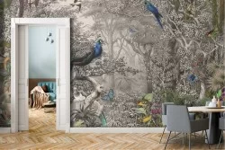Tropical forest and peacock vintage nature wallpaper
