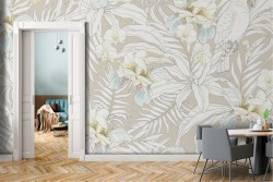 Wallpaper with white flowers and tropical nature parrots