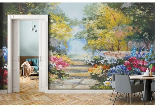 Carta da Parati giardino con fiori e alberi dipinto