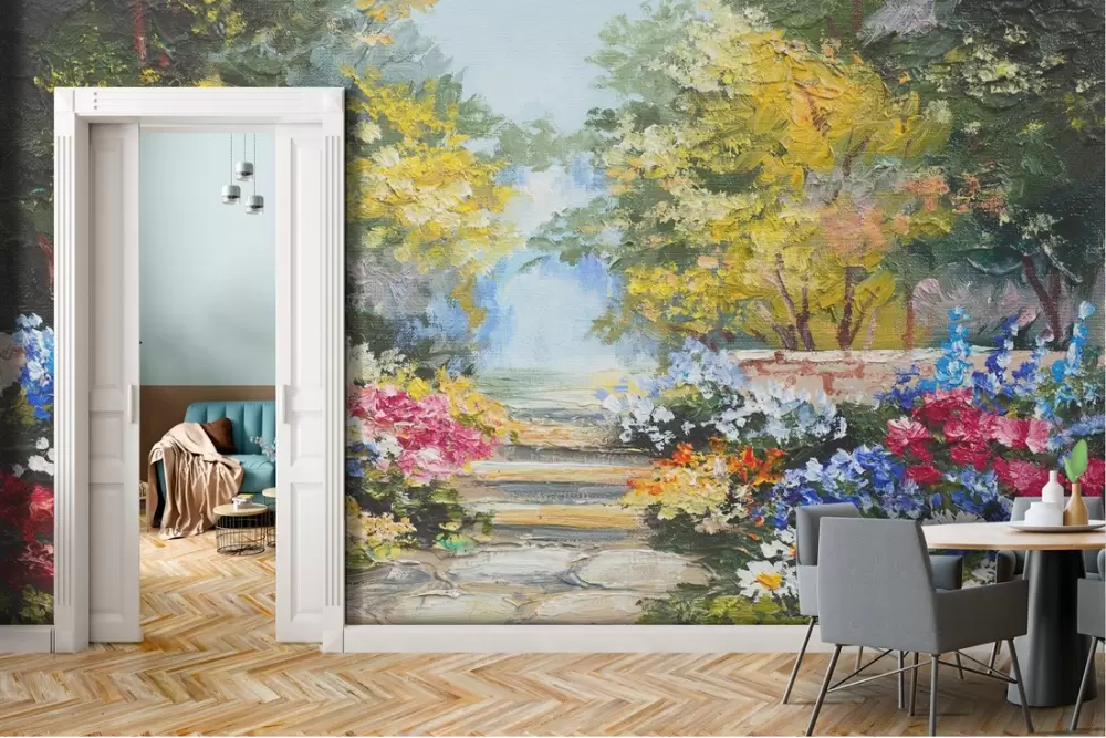 Carta da Parati giardino con fiori e alberi dipinto