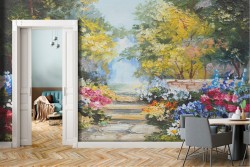 Garden wallpaper with flowers and painted trees