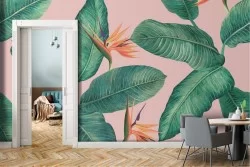 Modern nature wallpaper with tropical flowers and leaves