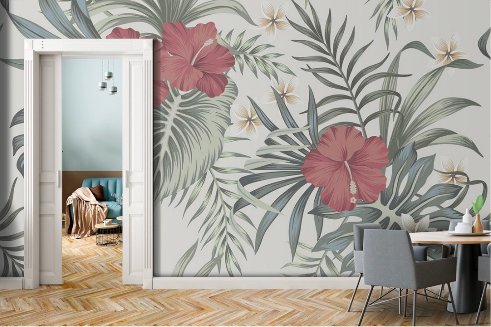 Adesivi Pappagalli Foglie Palma Adesivi Murali Foresta Tropicale - Pappagalli E Foglie Palma Per Soggiorno E Camera Adesivi Murali Tropicali