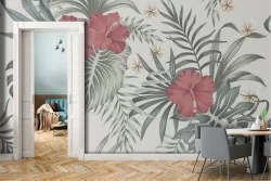 Carta da Parati fiori rossi e foglie tropicali natura