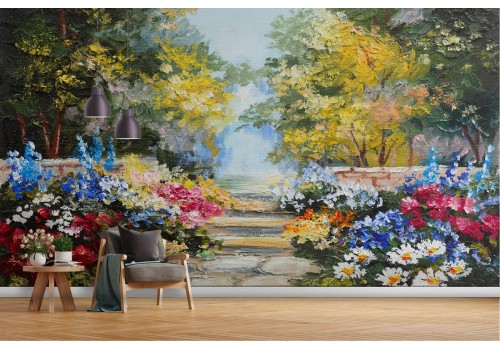 Garden wallpaper with flowers and painted trees 2