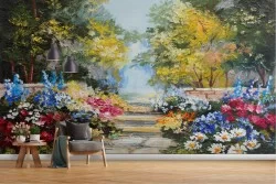 Garden wallpaper with flowers and painted trees
