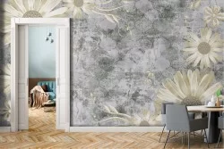 White flowers wallpaper on vintage concrete surface