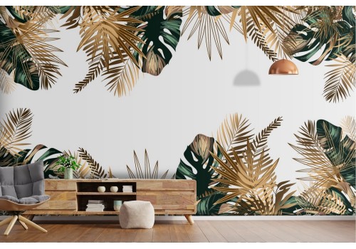 Tropical green and gold leaf wallpaper decoration details