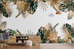 Tropical green and gold leaf wallpaper decoration details