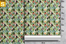 Modern wallpaper with tropical leaves and geometries.