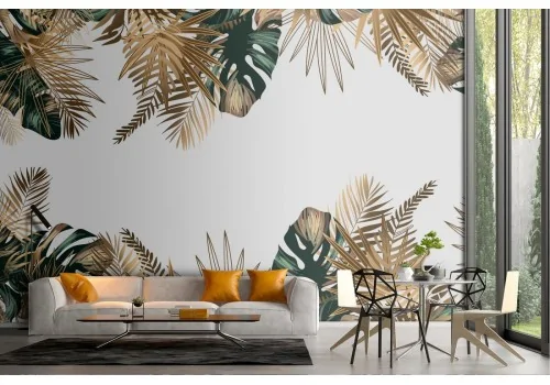 Carta da Parati foglie tropicali verdi e oro decorazione dettagli 2