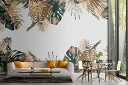 Carta da Parati foglie tropicali verdi e oro decorazione dettagli