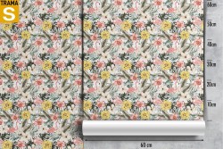 Wallpaper with tropical flowers, leaves and animals in a vintage pattern.
