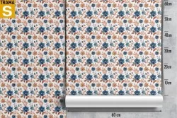 Carta da Parati fiori vintage e foglie autunno blu marrone.