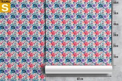 Modern nature wallpaper with pink and blue flowers.