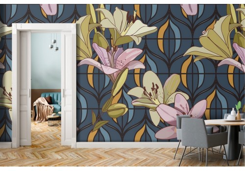 Abstract flowers and geometry vintage design wallpaper.