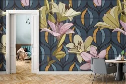 Carta da Parati fiori astratti e geometrie design vintage.