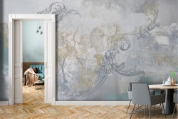 Natural plaster wallpaper with vintage leaves and animals.