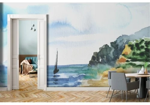 Watercolor sea wallpaper with boat landscape