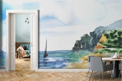 Carta da Parati acquerello mare con barca paesaggio