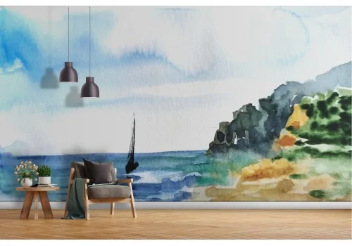 Watercolor sea wallpaper with boat landscape 2