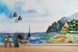 Carta da Parati acquerello mare con barca paesaggio