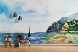 Watercolor sea wallpaper with boat landscape