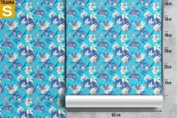 Modern nature wallpaper with white flowers on a blue background.
