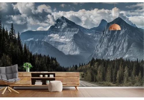 Carta da Parati strada con foresta e montagna paesaggio