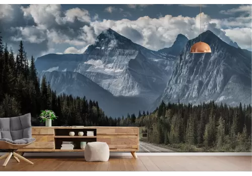 Wallpaper road with forest and mountain landscape