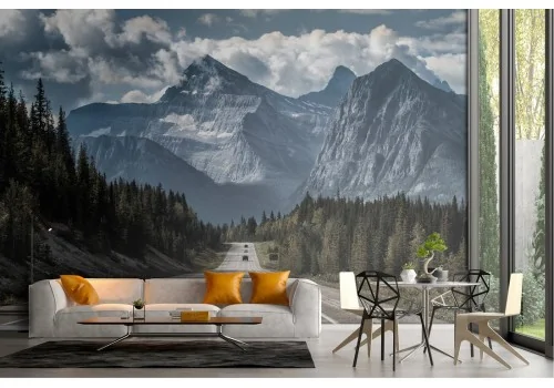 Wallpaper road with forest and mountain landscape 2