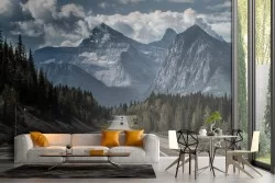 Carta da Parati strada con foresta e montagna paesaggio