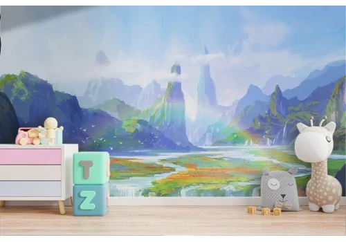 Fantasy landscape wallpaper with forest waterfalls for children