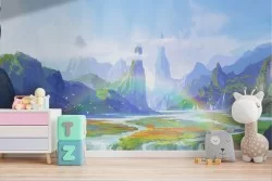 Fantasy landscape wallpaper with forest waterfalls for children