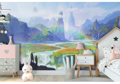 Carta da Parati paesaggio fantasy foresta con cascate bambini 2