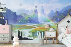 Fantasy landscape wallpaper with forest waterfalls for children
