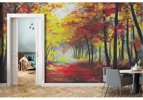 Wallpaper painted avenue in the forest autumn trees