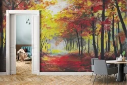 Wallpaper painted avenue in the forest autumn trees