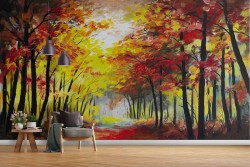 Carta da Parati dipinto viale nella foresta alberi autunno