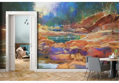 Carta da Parati paesaggio dipinto fiume con cascate