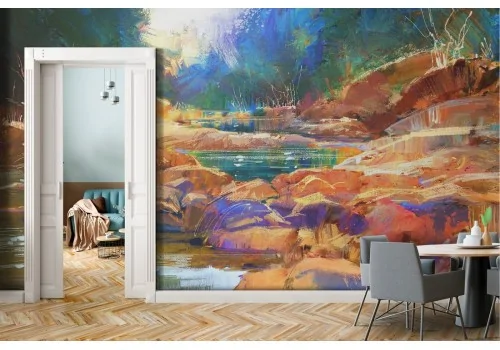 Wallpaper landscape painted river with waterfalls