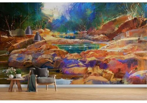 Wallpaper landscape painted river with waterfalls 2