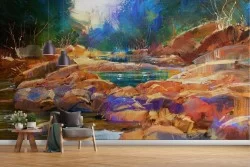 Wallpaper landscape painted river with waterfalls