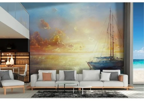 Wallpaper painted with sea and boat at sunset dawn