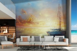 Wallpaper painted sea with boat at sunset dawn