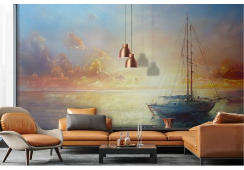 Wallpaper painted sea with boat at sunset dawn 2